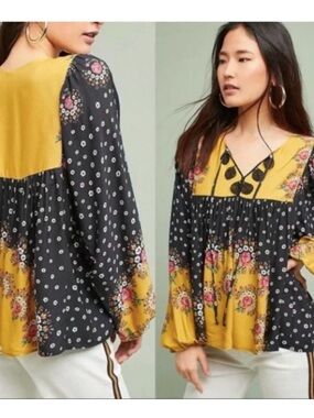 Farm Rio for Anthropology Boho Floral Peasant Tunic Blouse in Mustard